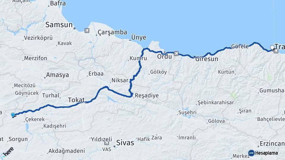 Yozgat Aydıncık Trabzon Arası Kaç Km - Yol Haritası
