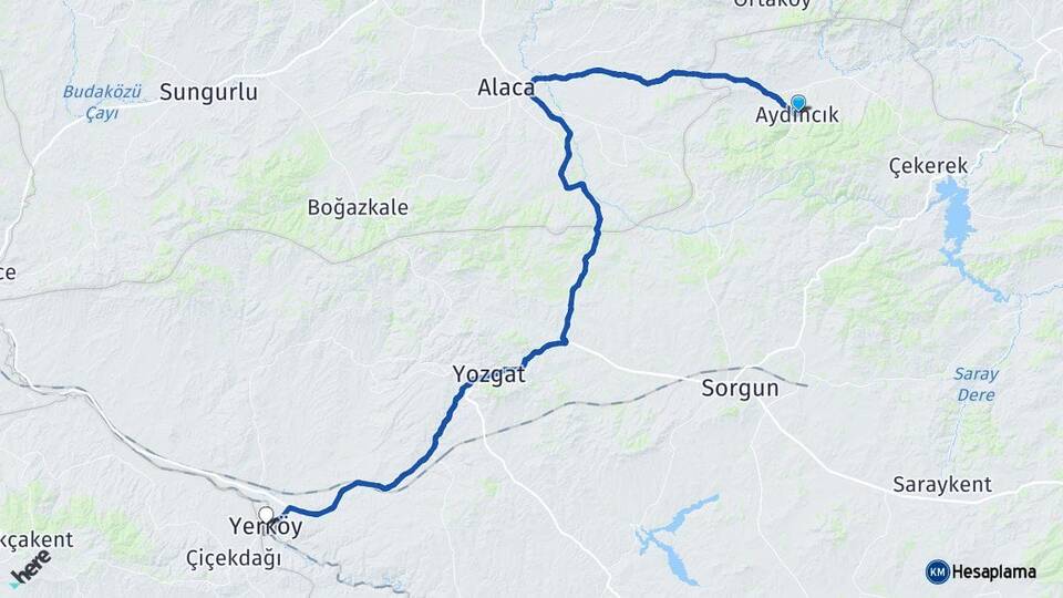 Yozgat Aydıncık Yerköy Arası Kaç Km - Yol Haritası