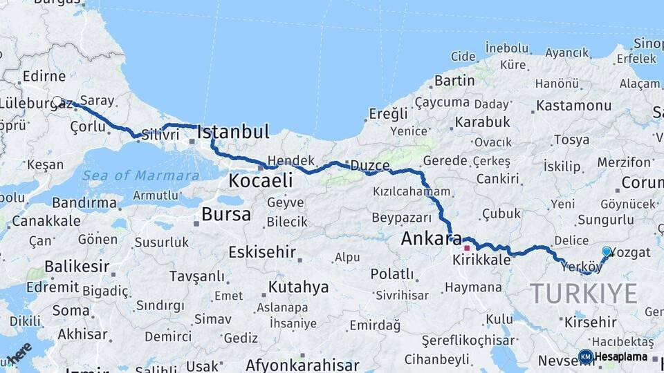 Yozgat Babaeski Kırklareli Arası Kaç Km - Yol Haritası