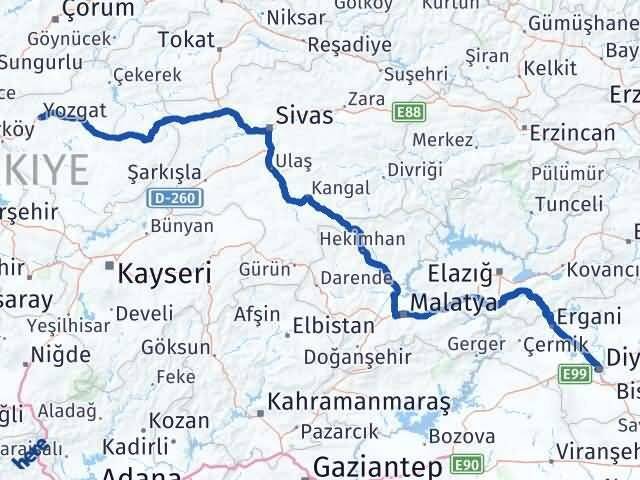 Yozgat Bağlar Diyarbakır Arası Kaç Km - Yol Haritası