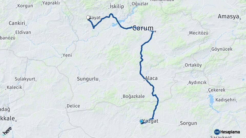 Yozgat Bayat Çorum Arası Kaç Km - Yol Haritası