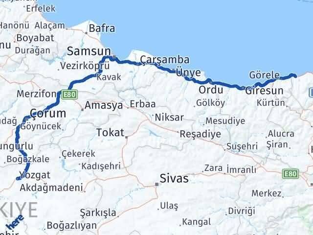 Yozgat Beşikdüzü Trabzon Arası Kaç Km - Yol Haritası