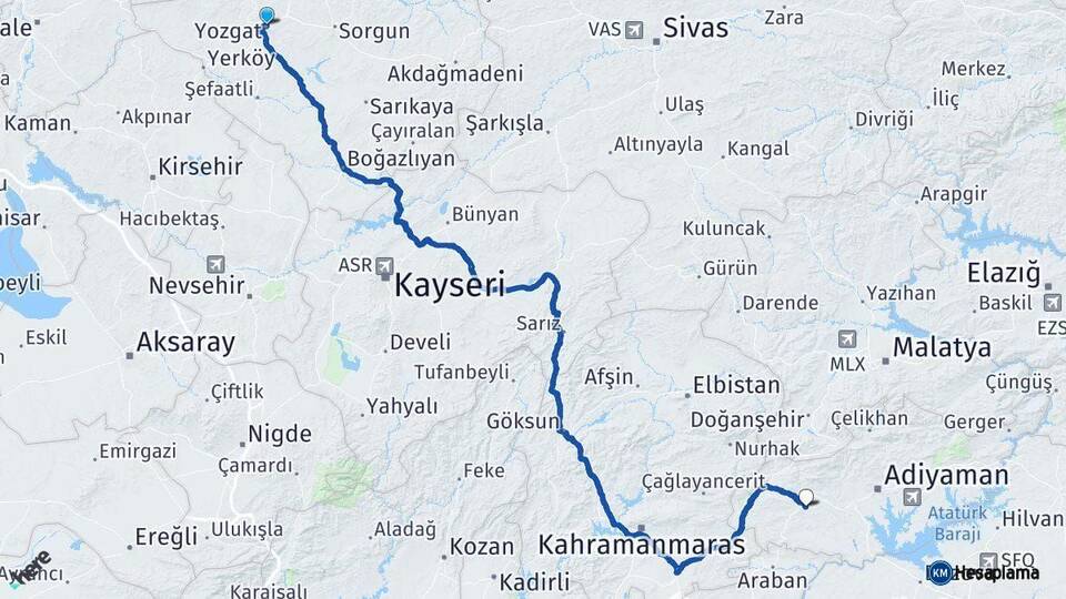 Yozgat Besni Adıyaman Arası Kaç Km - Yol Haritası