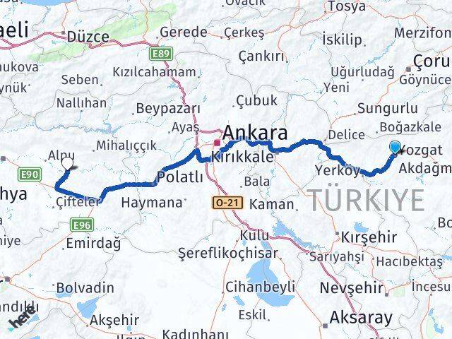 Yozgat Beylikova Eskişehir Arası Kaç Km - Yol Haritası