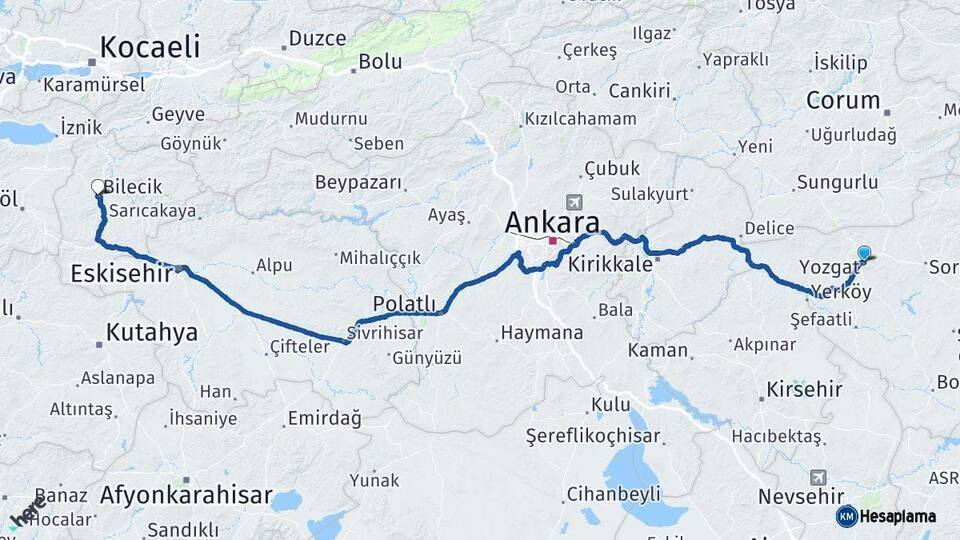 Yozgat Bilecik Arası Kaç Km - Yol Haritası