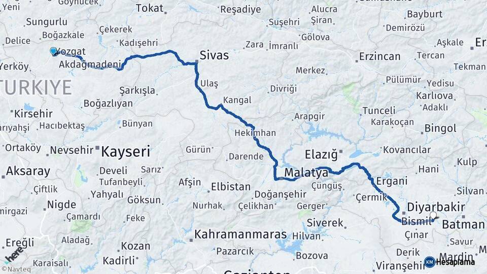 Yozgat Bismil Diyarbakır Arası Kaç Km - Yol Haritası