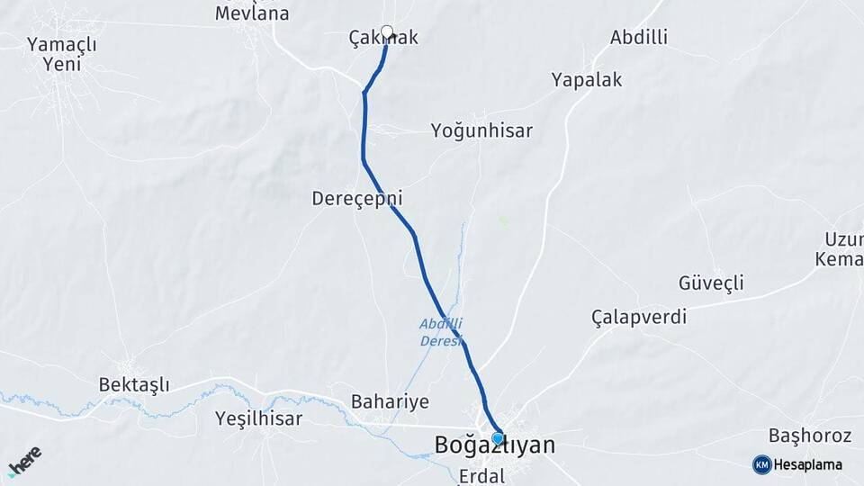 Yozgat Boğazlıyan Çakmak Boğazlıyan Arası Kaç Km - Yol Haritası