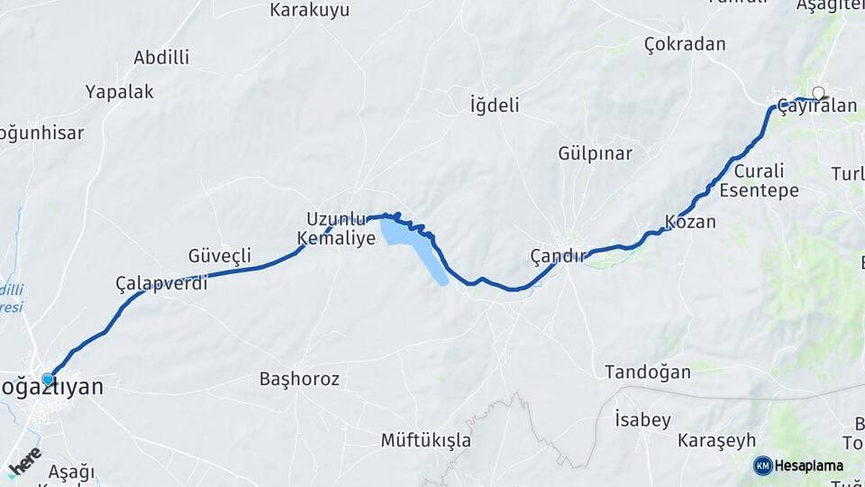 Yozgat Boğazlıyan Çayıralan Arası Kaç Km - Yol Haritası