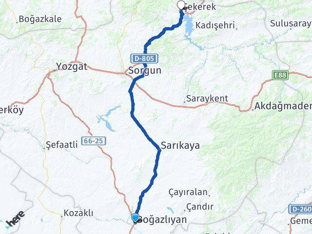 Yozgat Boğazlıyan Çekerek Arası Kaç Km - Yol Haritası