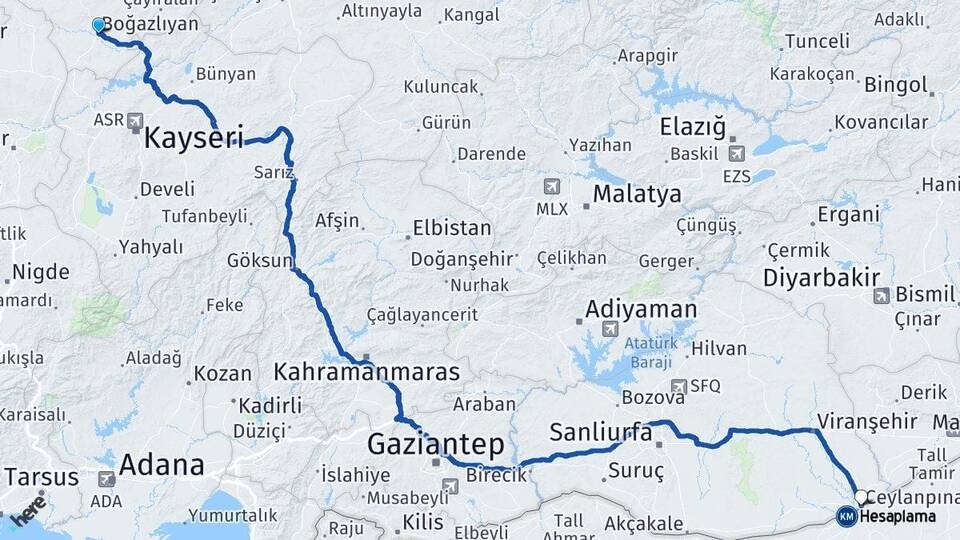 Yozgat Boğazlıyan Ceylanpınar Şanlıurfa Arası Kaç Km - Yol Haritası