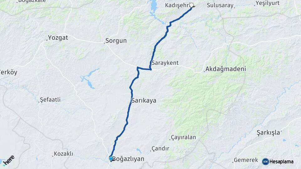 Yozgat Boğazlıyan Kadışehri Arası Kaç Km - Yol Haritası