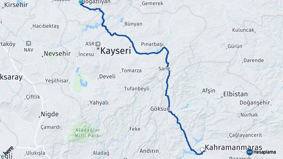 Yozgat Boğazlıyan Kahramanmaraş Arası Kaç Km - Yol Haritası