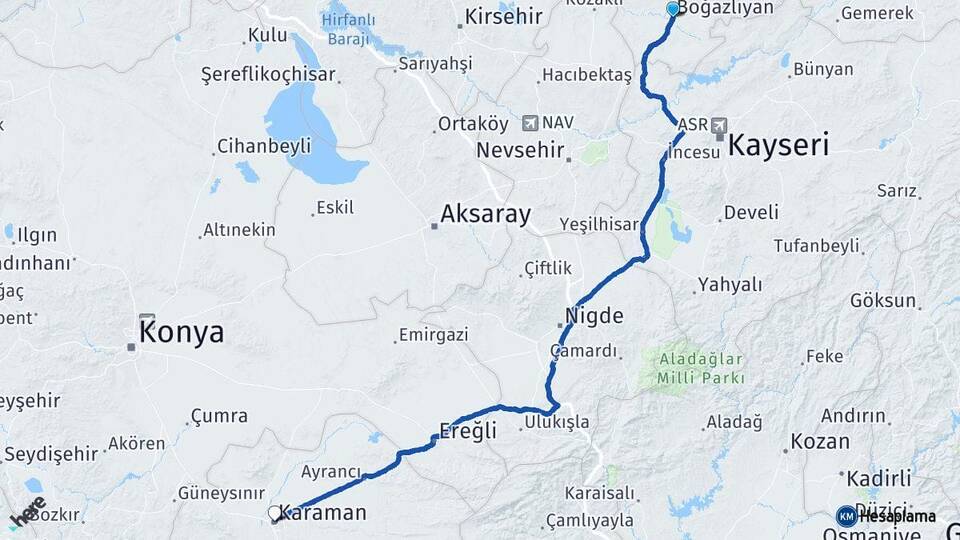 Yozgat Boğazlıyan Karaman Arası Kaç Km - Yol Haritası
