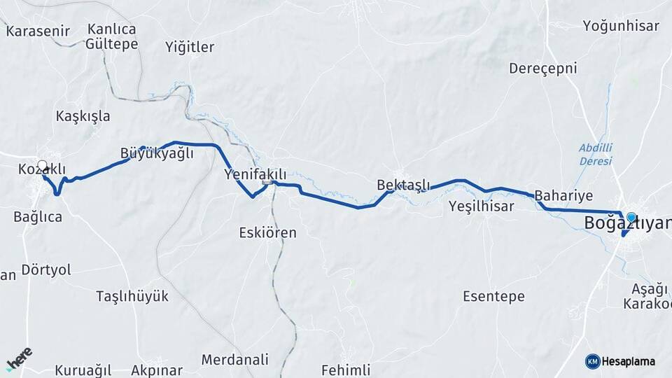 Yozgat Boğazlıyan Kozaklı Nevşehir Arası Kaç Km - Yol Haritası