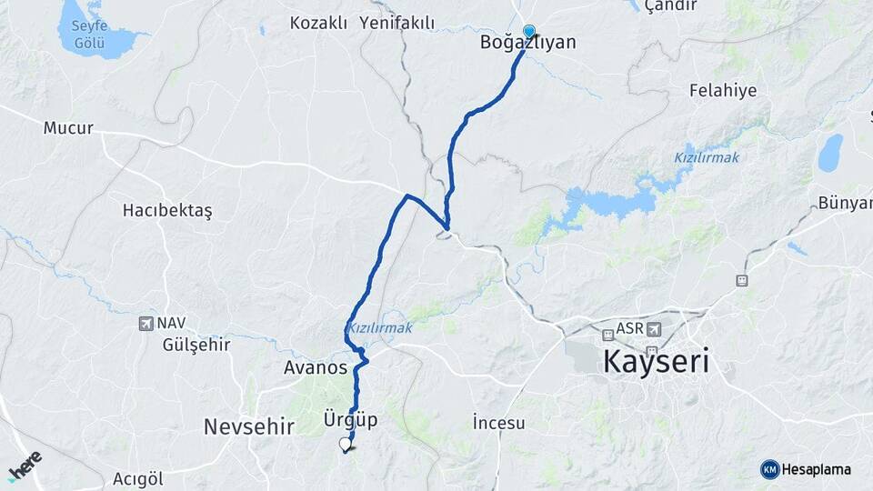 Yozgat Boğazlıyan Mustafapaşa Ürgüp Nevşehir Arası Kaç Km - Yol Haritası