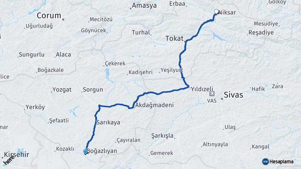 Yozgat Boğazlıyan Niksar Tokat Arası Kaç Km - Yol Haritası