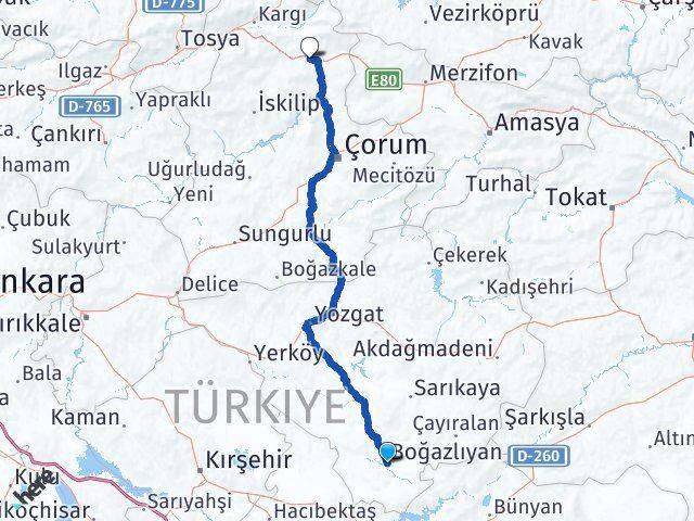 Yozgat Boğazlıyan Osmancık Çorum Arası Kaç Km - Yol Haritası