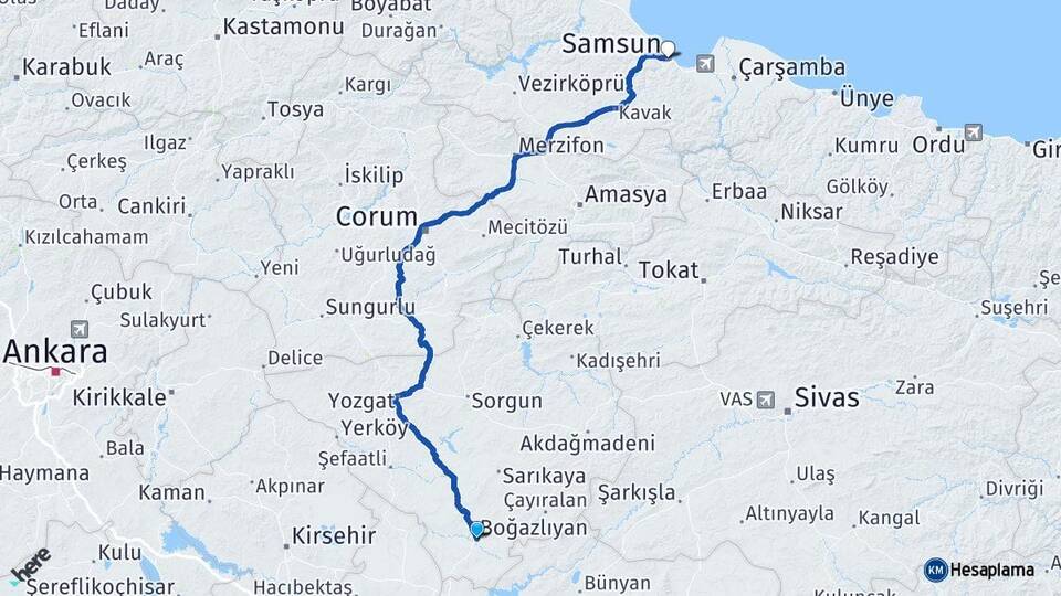 Yozgat Boğazlıyan Samsun Arası Kaç Km - Yol Haritası