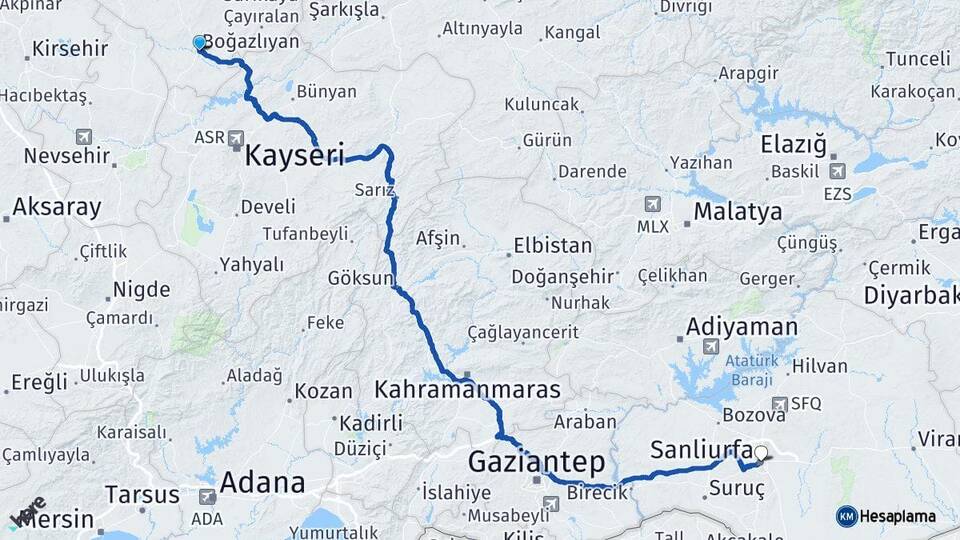 Yozgat Boğazlıyan Şanlıurfa Arası Kaç Km - Yol Haritası
