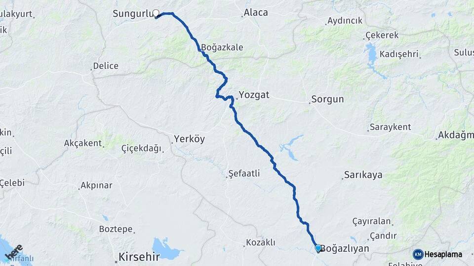 Yozgat Boğazlıyan Sungurlu Çorum Arası Kaç Km - Yol Haritası