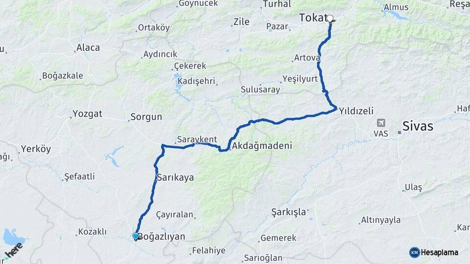 Yozgat Boğazlıyan Tokat Arası Kaç Km - Yol Haritası