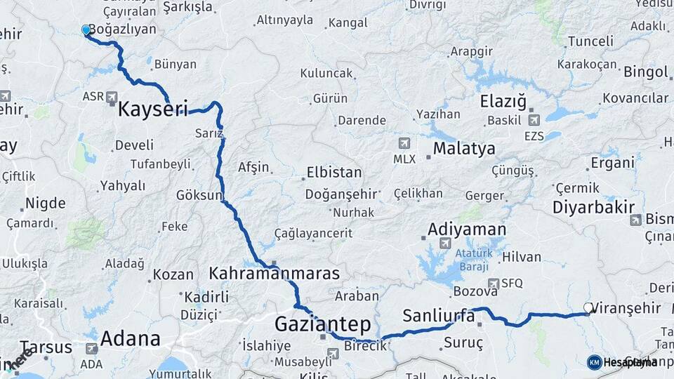 Yozgat Boğazlıyan Viranşehir Şanlıurfa Arası Kaç Km - Yol Haritası