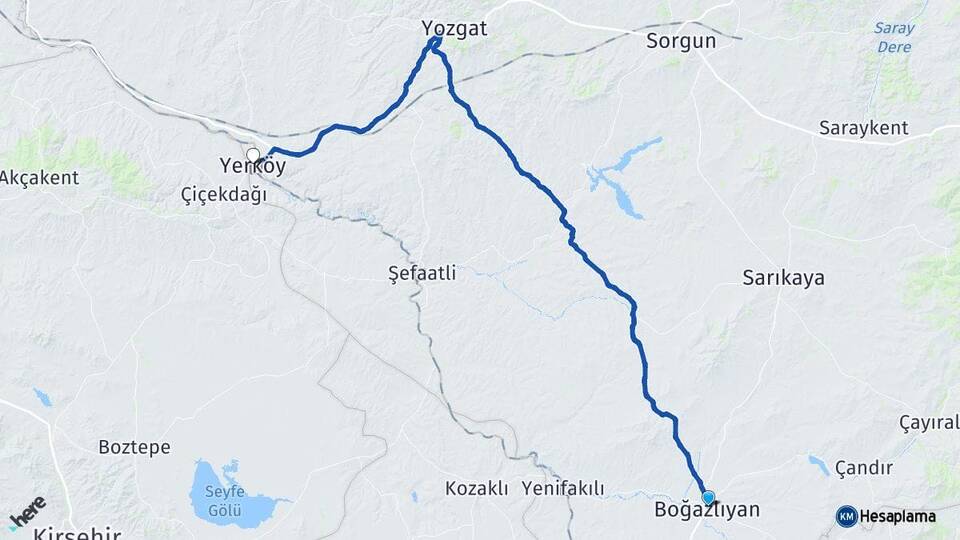 Yozgat Boğazlıyan Yerköy Arası Kaç Km - Yol Haritası
