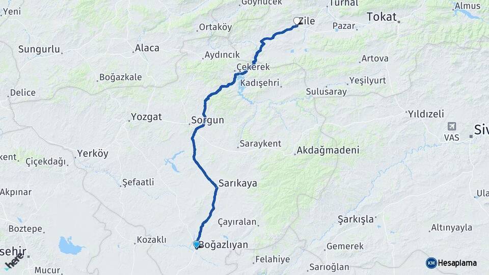 Yozgat Boğazlıyan Zile Tokat Arası Kaç Km - Yol Haritası