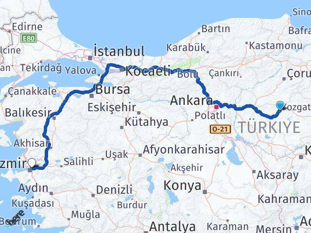 Yozgat Bornova İzmir Arası Kaç Km - Yol Haritası