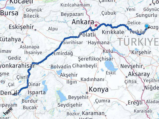 Yozgat Bozkurt Denizli Arası Kaç Km - Yol Haritası