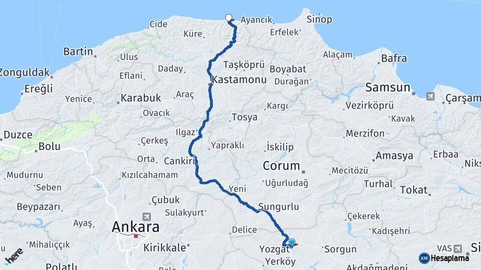 Yozgat Bozkurt Kastamonu Arası Kaç Km - Yol Haritası