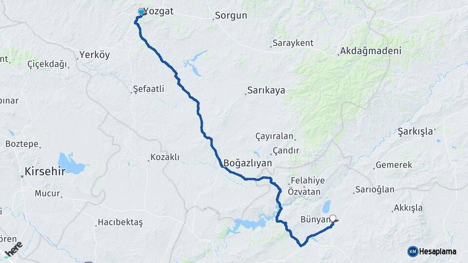 Yozgat Bünyan Kayseri Arası Kaç Km - Yol Haritası