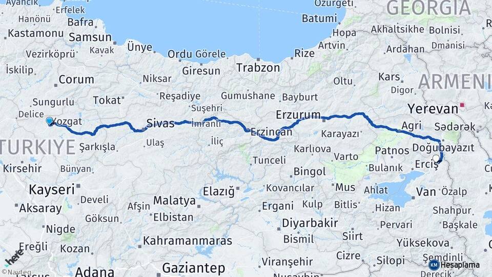 Yozgat Çaldıran Van Arası Kaç Km - Yol Haritası