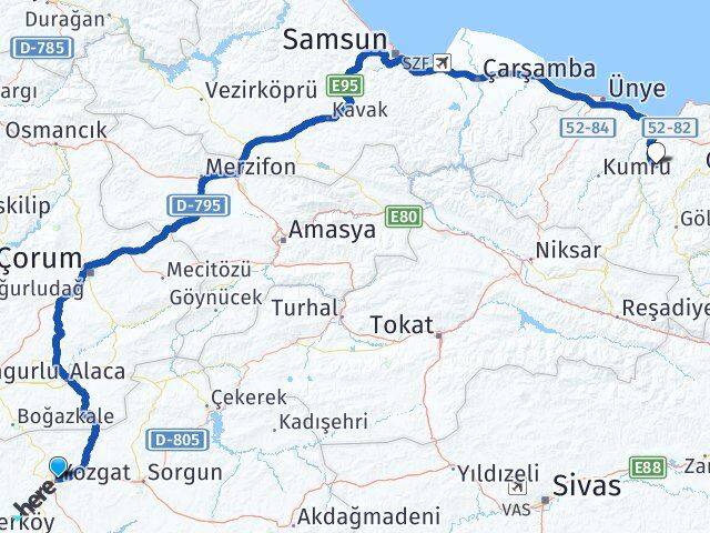 Yozgat Çamaş Ordu Arası Kaç Km - Yol Haritası