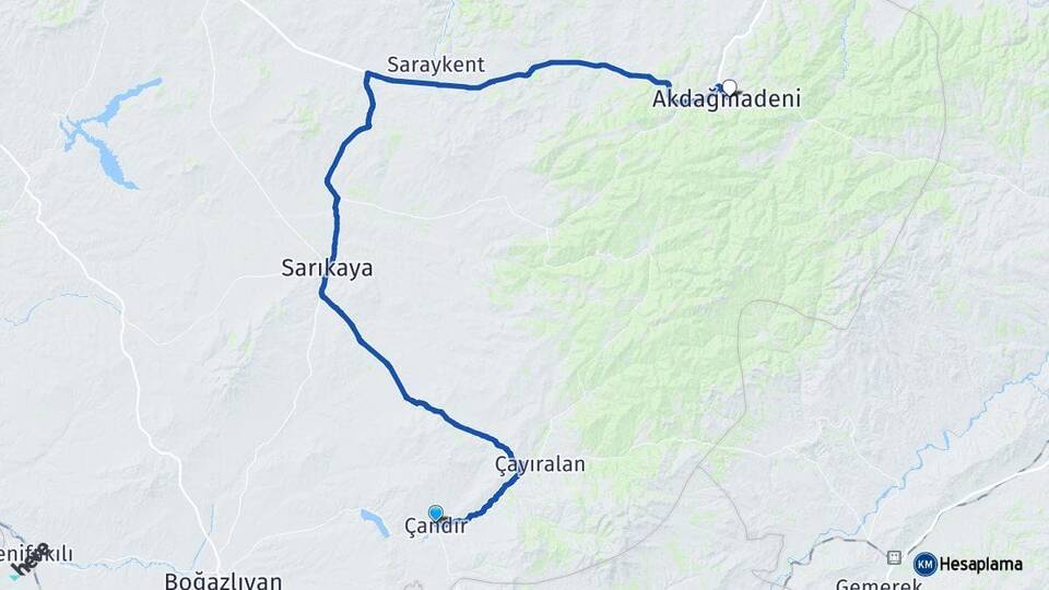 Yozgat Çandır Akdağmadeni Arası Kaç Km - Yol Haritası