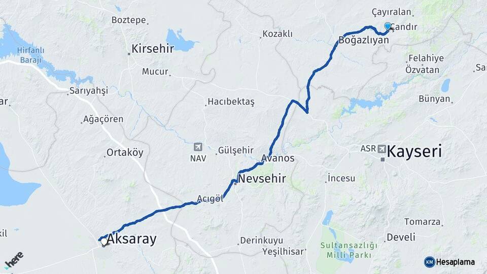 Yozgat Çandır Aksaray Arası Kaç Km - Yol Haritası