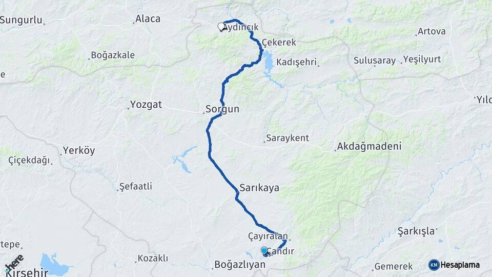 Yozgat Çandır Aydıncık Arası Kaç Km - Yol Haritası
