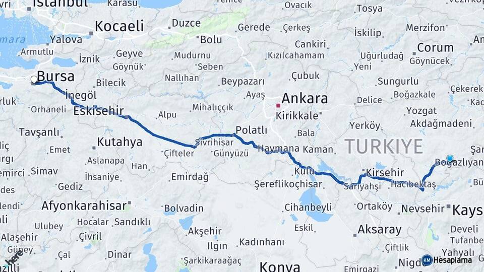Yozgat Çandır Bursa Arası Kaç Km - Yol Haritası