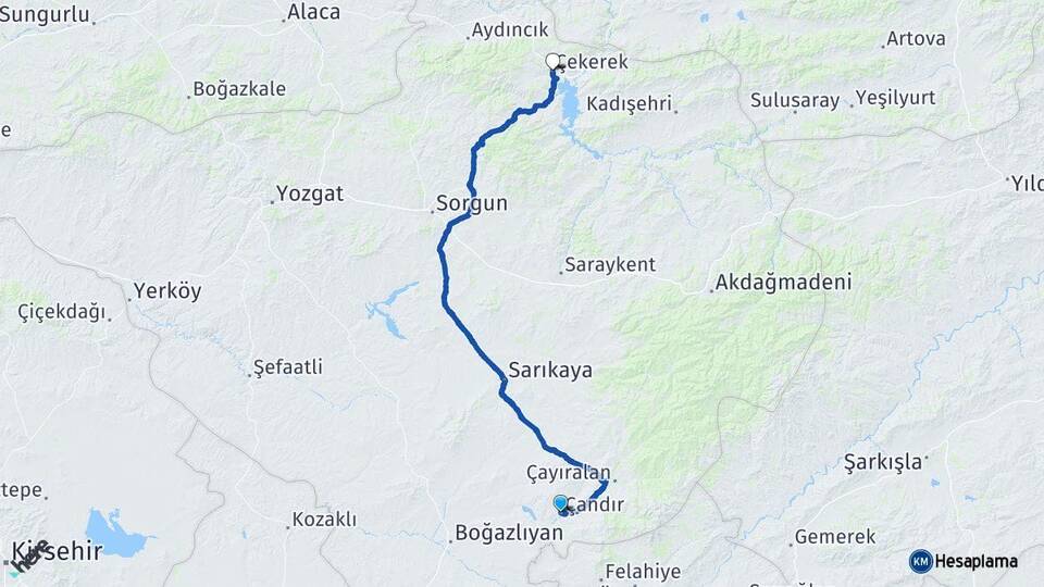 Yozgat Çandır Çekerek Arası Kaç Km - Yol Haritası