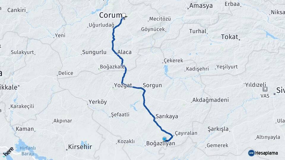 Yozgat Çandır Çorum Arası Kaç Km - Yol Haritası