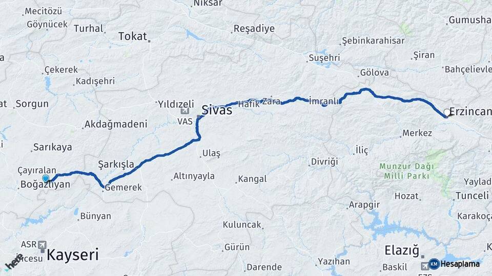 Yozgat Çandır Erzincan Arası Kaç Km - Yol Haritası