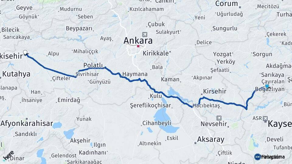 Yozgat Çandır Eskişehir Arası Kaç Km - Yol Haritası