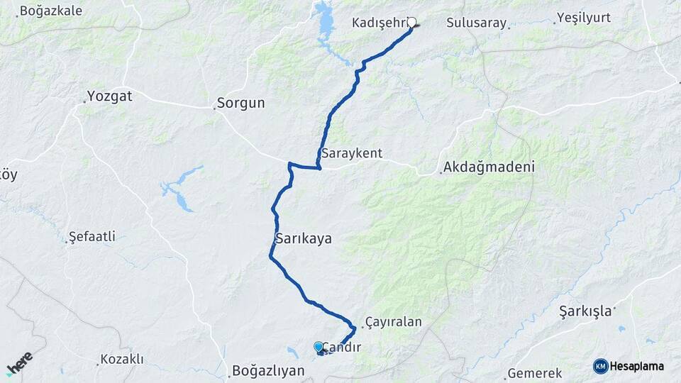 Yozgat Çandır Kadışehri Arası Kaç Km - Yol Haritası