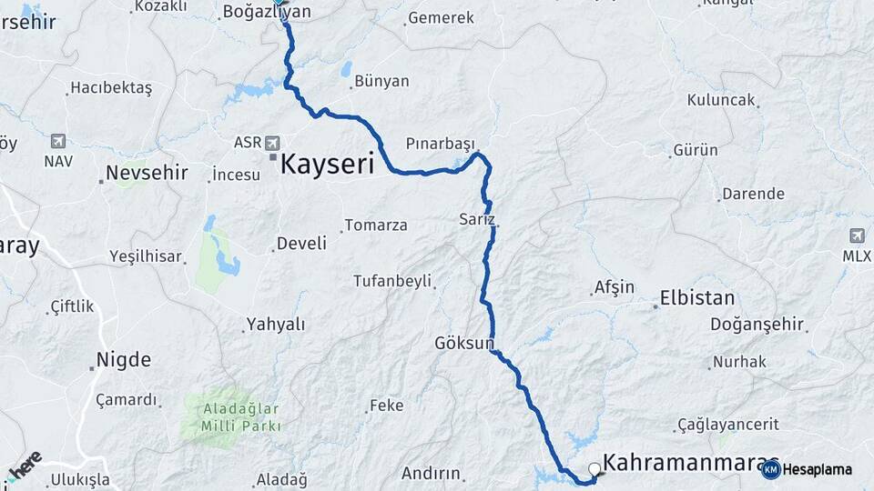 Yozgat Çandır Kahramanmaraş Arası Kaç Km - Yol Haritası