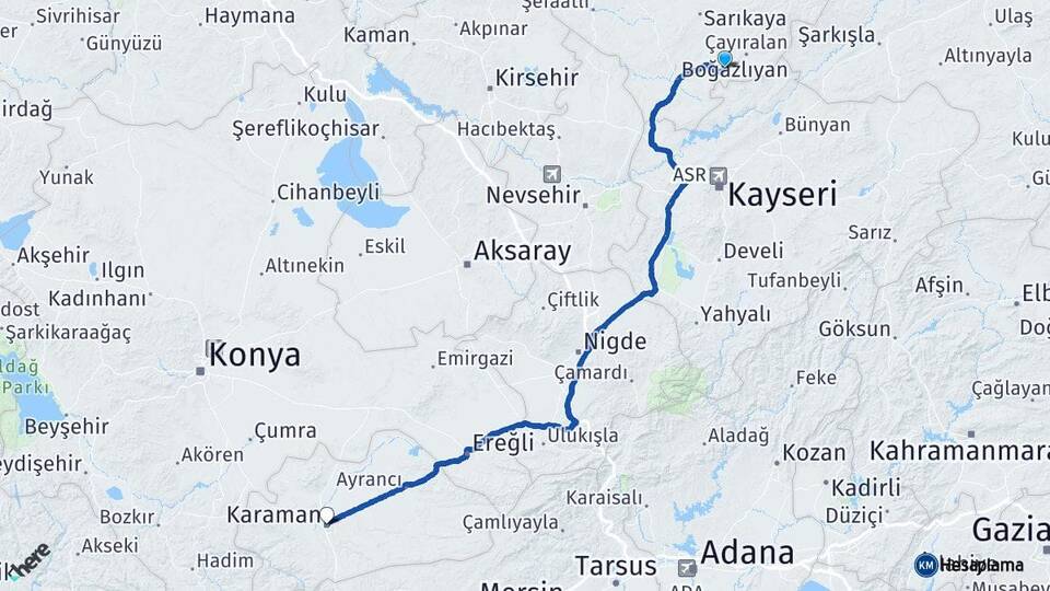 Yozgat Çandır Karaman Arası Kaç Km - Yol Haritası