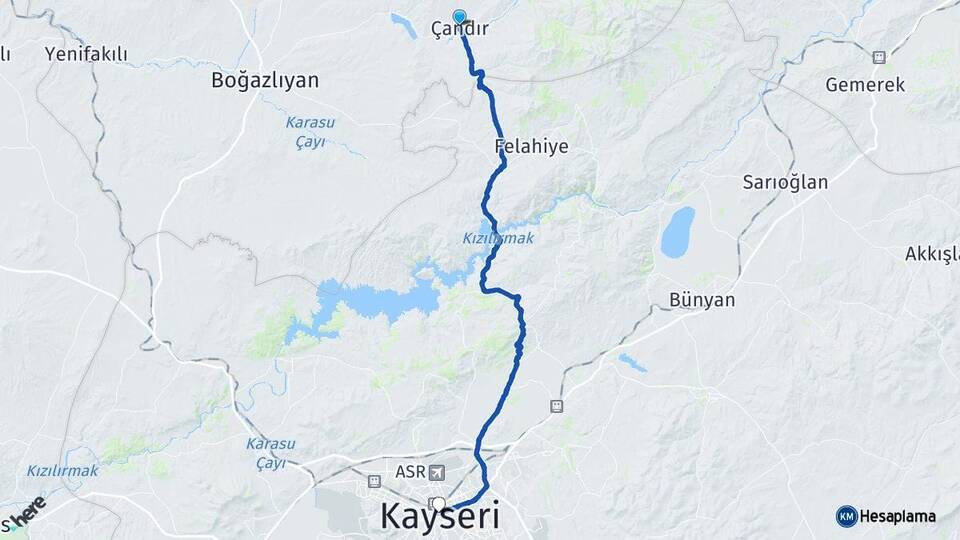 Yozgat Çandır Kayseri Arası Kaç Km - Yol Haritası