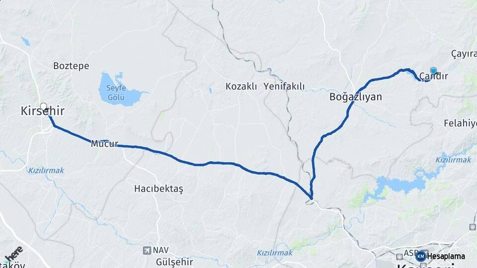 Yozgat Çandır Kırşehir Arası Kaç Km - Yol Haritası