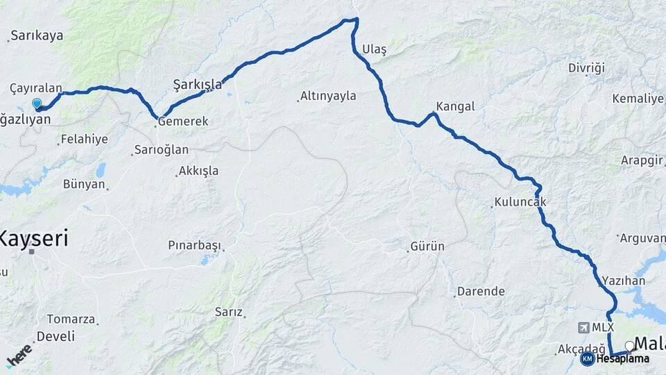 Yozgat Çandır Malatya Arası Kaç Km - Yol Haritası