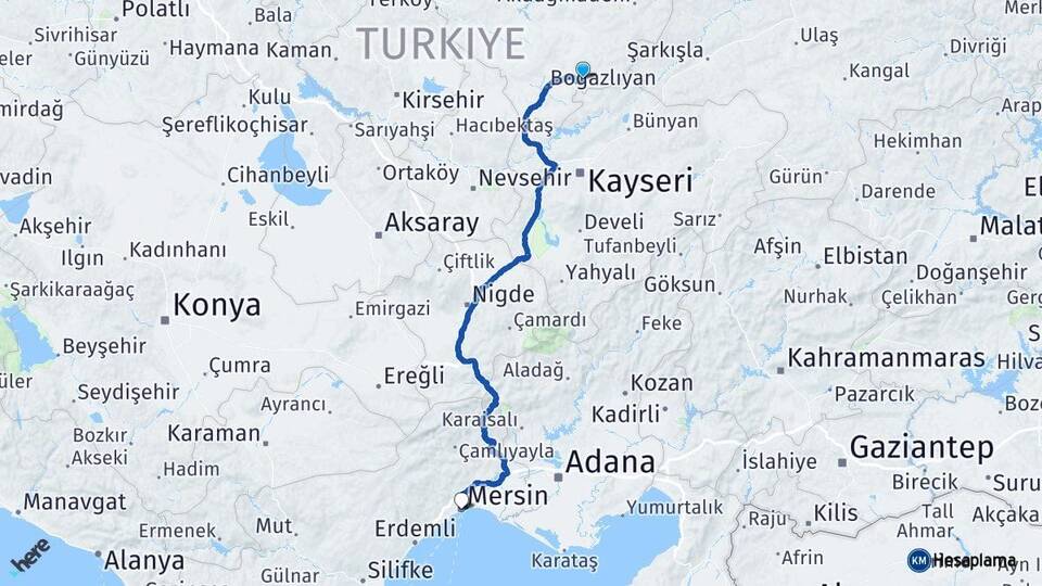 Yozgat Çandır Mersin Arası Kaç Km - Yol Haritası