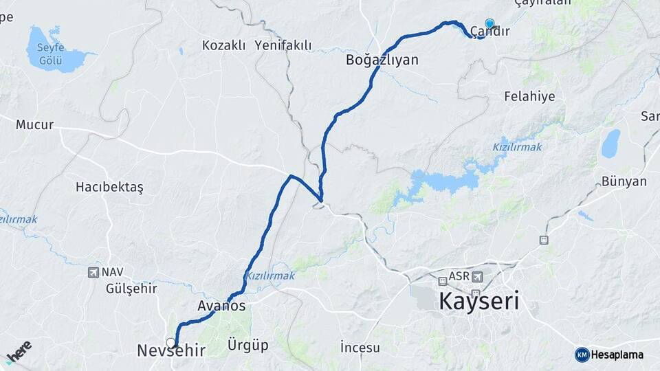 Yozgat Çandır Nevşehir Arası Kaç Km - Yol Haritası